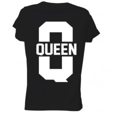 Γυναικείο T-Shirt Μαύρο Βαμβακερό με Τύπωμα από Βινύλιο στην Πλάτη Queen και Μεγάλο Q