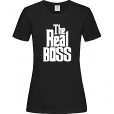 Women's T-Shirt Black Cotton with Vinyl Print The Real Boss
