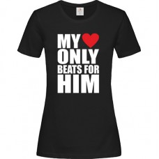 Γυναικείο T-Shirt Μαύρο Βαμβακερό με Τύπωμα από Βινύλιο My Heart Only Beats For Him