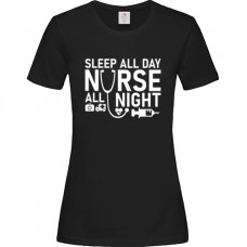 Γυναικείο T-Shirt Μαύρο Βαμβακερό με Τύπωμα από Βινύλιο Sleep All Day Nurse All Night