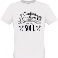 Ανδρικό T-Shirt Άσπρο Βαμβακερό με Τύπωμα από Βινύλιο Cooking With Love Provides Food For The Soul
