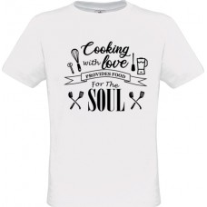 Ανδρικό T-Shirt Άσπρο Βαμβακερό με Τύπωμα από Βινύλιο Cooking With Love Provides Food For The Soul