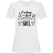 Γυναικείο T-Shirt Άσπρο Βαμβακερό με Τύπωμα από Βινύλιο Cooking With Love Provides Food For The Soul