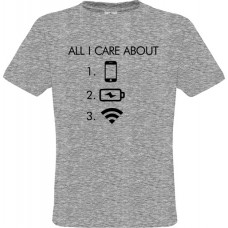 Ανδρικό T-Shirt Γκρίζο Βαμβακερό με Τύπωμα από Βινύλιο All I Care About και Κινητό Μπαταρία Wi-Fi