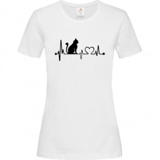 Γυναικείο T-Shirt Άσπρο Βαμβακερό με Τύπωμα από Βινύλιο Γάτα σε Καρδιογράφημα