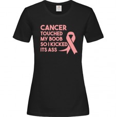 Γυναικείο T-Shirt Μαύρο Βαμβακερό με Τύπωμα από Βινύλιο Cancer Touched My Boob So I Kicked Its Ass