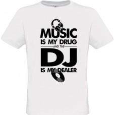 Ανδρικό T-Shirt Άσπρο Βαμβακερό με Τύπωμα Music is my Drug and the DJ is my Dealer