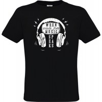  Ανδρικό T-Shirt Μαύρο Βαμβακερό με Ψηφιακή Εκτύπωση When Words Fail Music Speaks και Ακουστικά