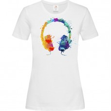 Γυναικείο T-Shirt Άσπρο Βαμβακερό με Ψηφιακή Εκτύπωση Χρωματιστά Ακουστικά