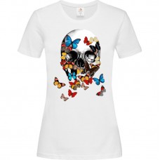 Γυναικείο T-Shirt Άσπρο Βαμβακερό με τύπωμα Κρανίο με πεταλούδες