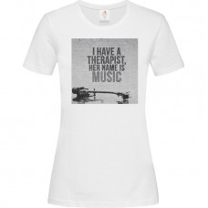 Γυναικείο T-Shirt Άσπρο Βαμβακερό με τύπωμα I Have A Therapist Her Name Is Music