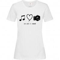 Γυναικείο T-Shirt Άσπρο Βαμβακερό με τύπωμα Μουσική Αγάπη Κάμερα Is All I Need