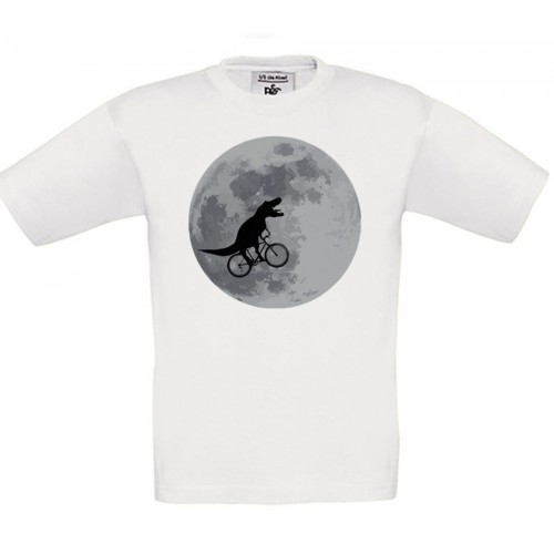 Children's T-Shirt White Cotton with Dinosaur on the Moon
