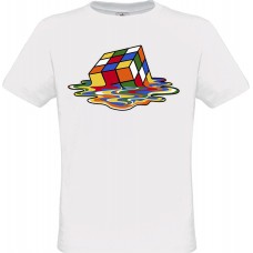 Ανδρικό T-Shirt Άσπρο Βαμβακερό με τύπωμα Λιωμένο Κύβο του Ρούμπικ