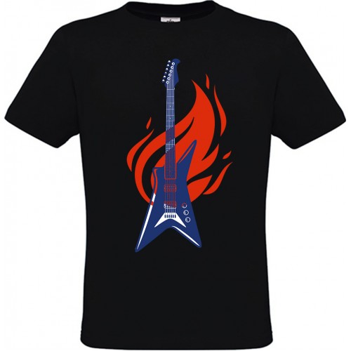 Men’s T-Shirt Black Cotton with Digital Print Flaming Guitar