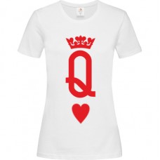 Women's T-Shirt White Cotton with Queen of Hearts and Crown Print