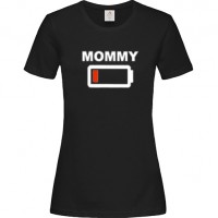 Γυναικείο T-Shirt Μαύρο Βαμβακερό με Στάμπα Mommy και Μπαταρία που Αδειάζει