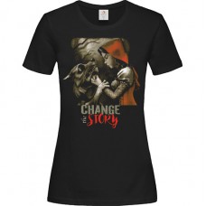 Γυναικείο T-Shirt Μαύρο Βαμβακερό με Στάμπα Κοκκινοσκουφίτσα και Λύκο Change The Story