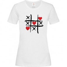 Women's T-Shirt White Cotton with Ticktacktoe with Hearts Print