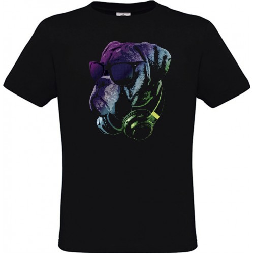 Men’s T-Shirt Black Cotton with Dog with Headphones and Sunglasses
