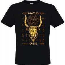 Ανδρικό T-Shirt Μαύρο Βαμβακερό με Στάμπα Κνωσός και Μινώταυρος Χρυσό