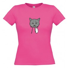 Γυναικείο T-Shirt Φούξια Βαμβακερό με Στάμπα Γάτα που Κρατάει Ποντίκι Υπολογιστή