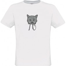 Ανδρικό T-Shirt Άσπρο Βαμβακερό με Στάμπα Γάτα που Κρατάει Ποντίκι Υπολογιστή