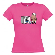 Women's T-Shirt Fuchsia Cotton with Print Sheep doing the Laundry
