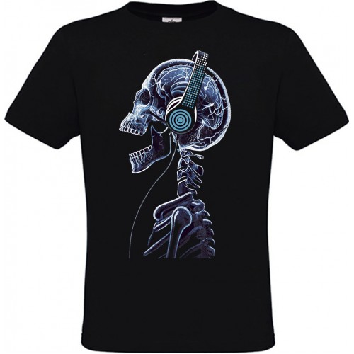 Men’s T-Shirt Black Cotton with Skeleton with Headphones