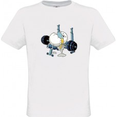Men's White Cotton T-Shirt with Egg Lifting Weights Print