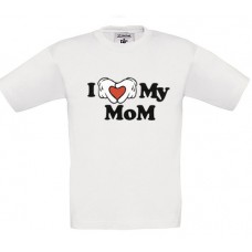 Children's T-Shirt White Cotton with I Love My Mom Print